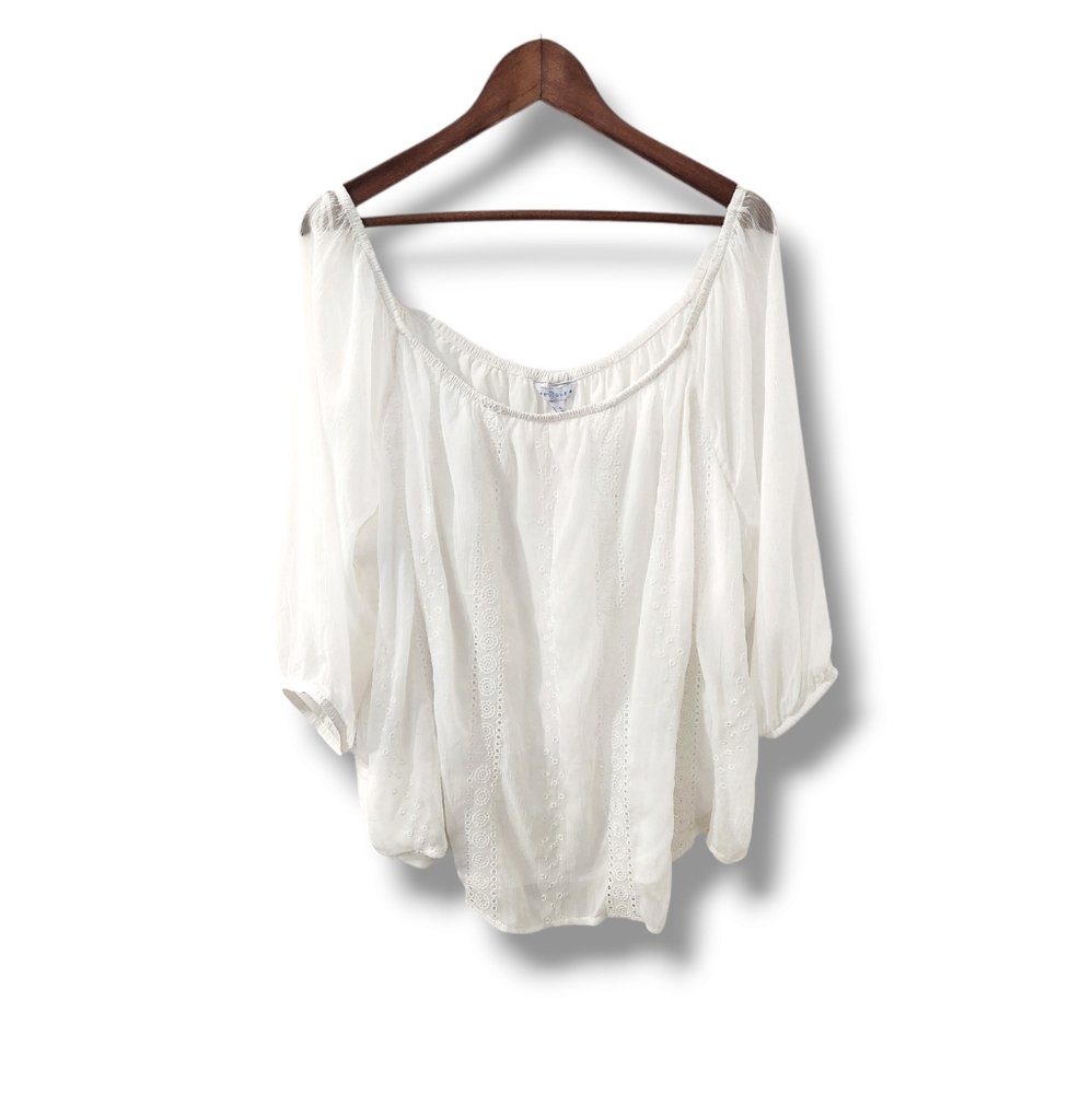 Boutique + Soft White 3/4 Length Sleeve Boho Peasant Style Blouse | 3X